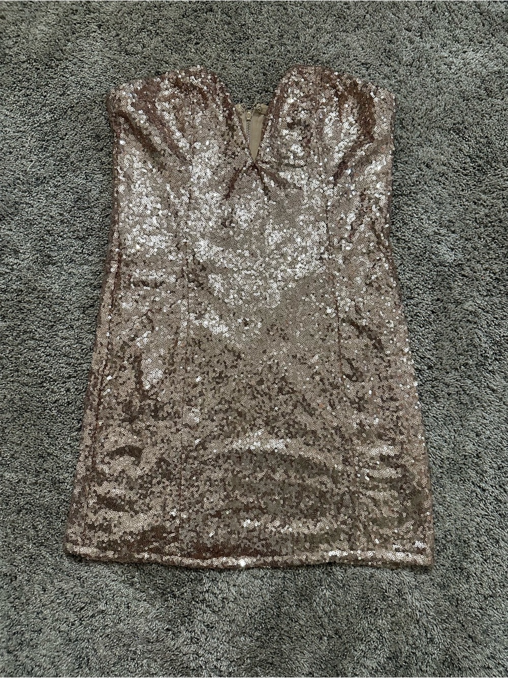 #159 Fashion Nova Strapless Sequin Mini Dress in Rose Gold